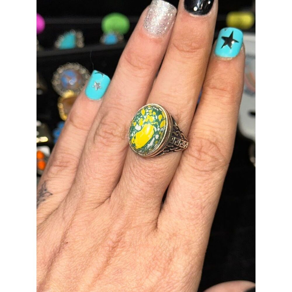 Mosaic Turquoise Sterling Silver Overlay Ring Size 9
